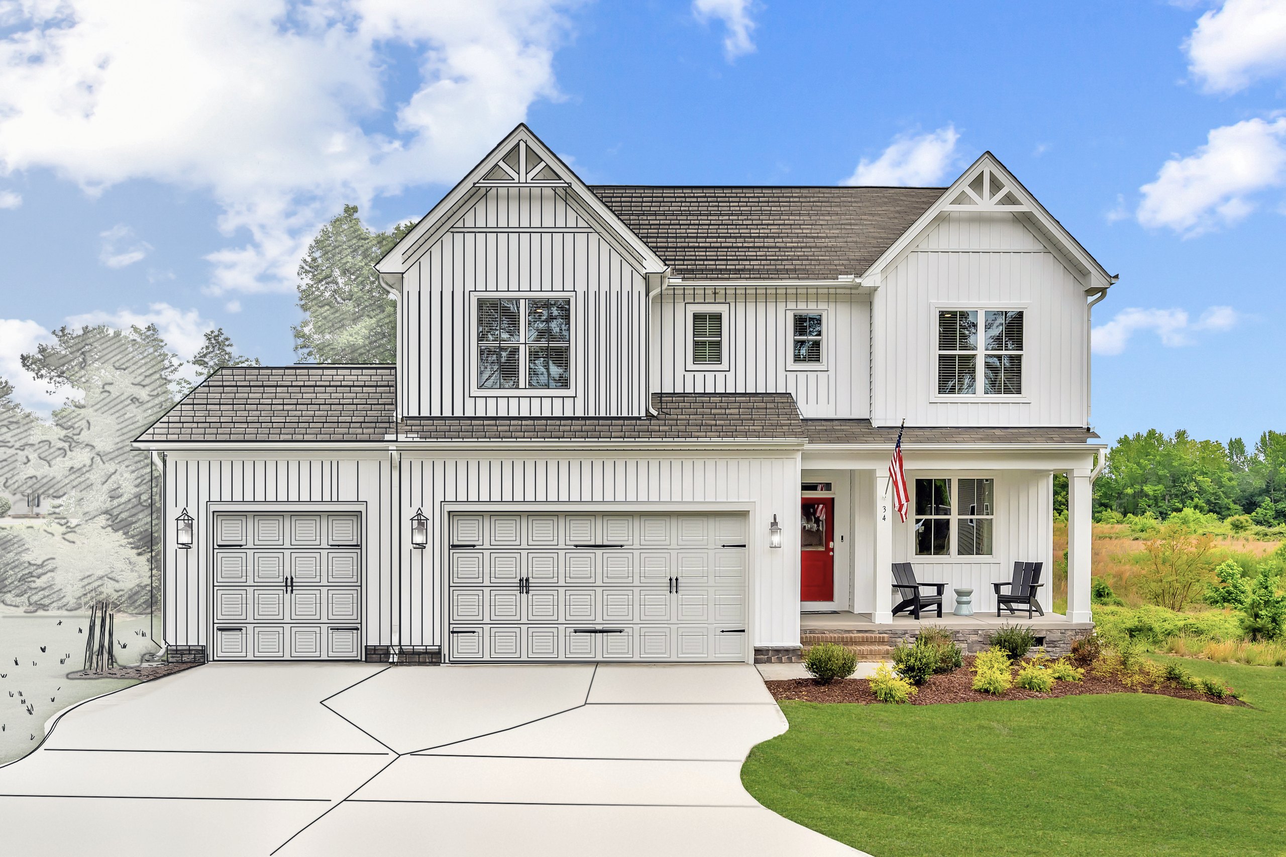 A Red Wolfe Homes semi-custom home, with architectural drawing lines over the left side of the photo