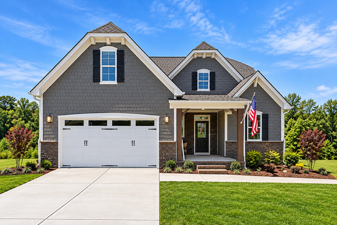 The Biltmore floorplan exterior, a gray shingle-style home with a white garage door and front porch