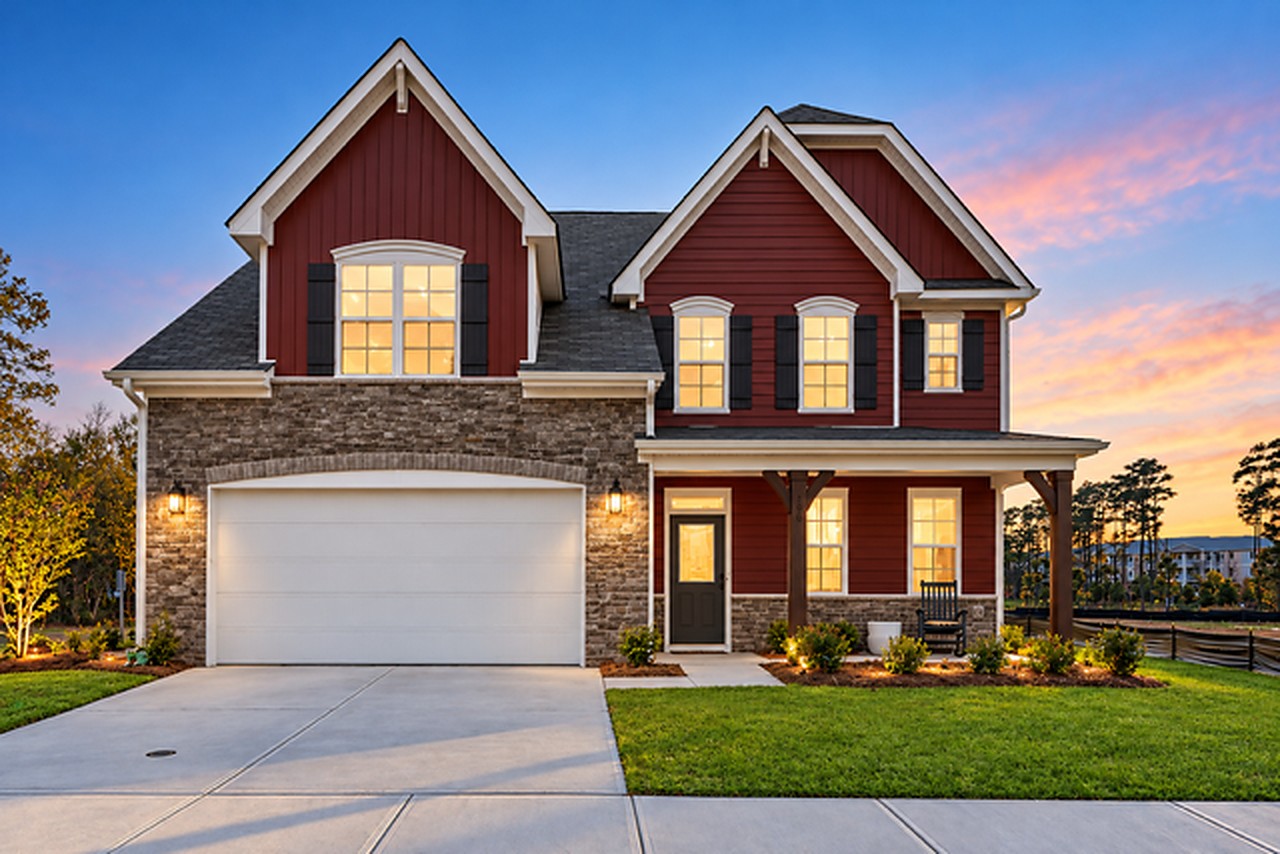 The Brooks floorplan exterior, a two-story home with red siding and stone, lit at dusk