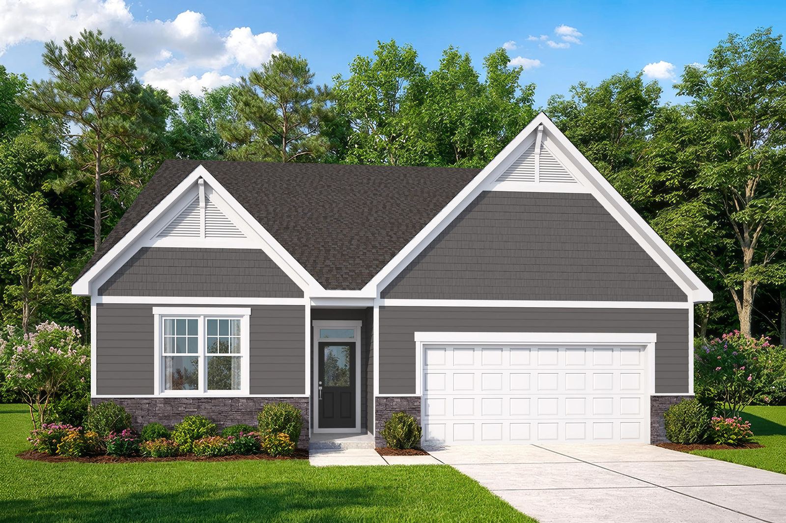 The Pinehurst floorplan, a one-story craftsman home with dual front gables and stone accents