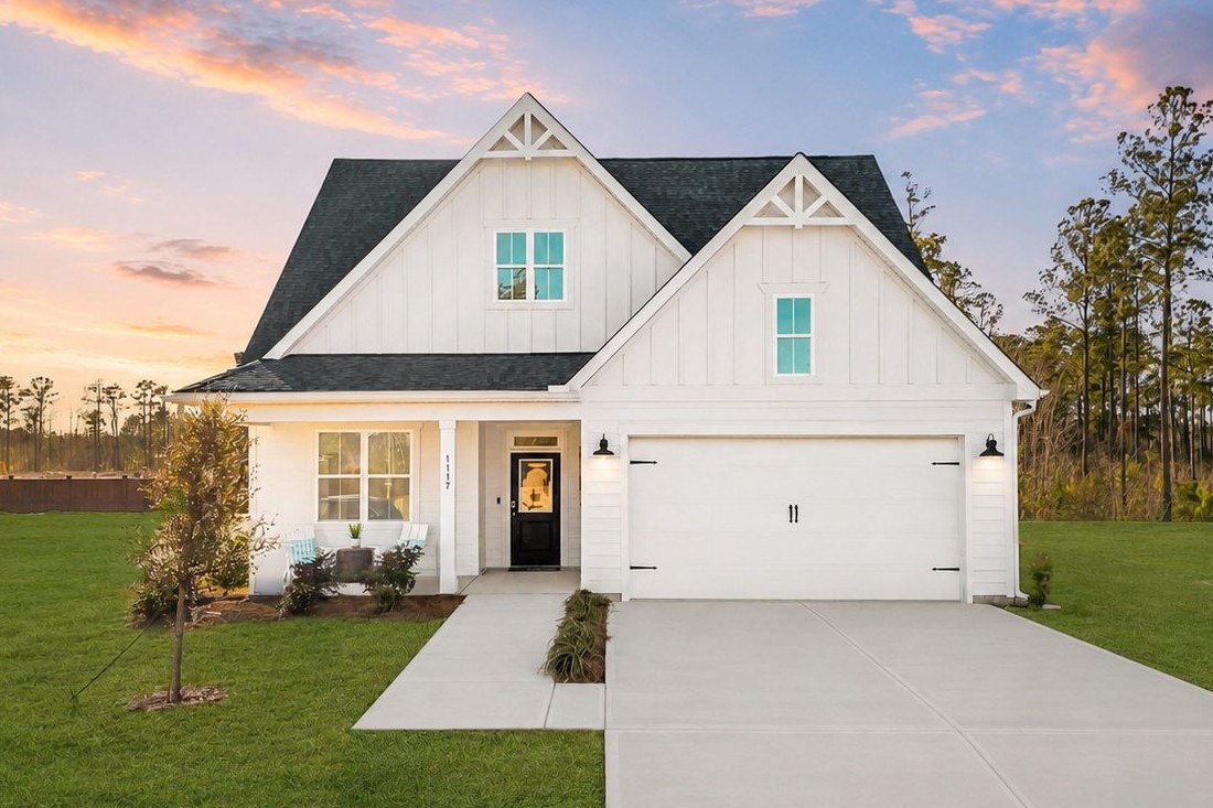 The Winston floorplan exterior, a white board-and-batten modern farmhouse